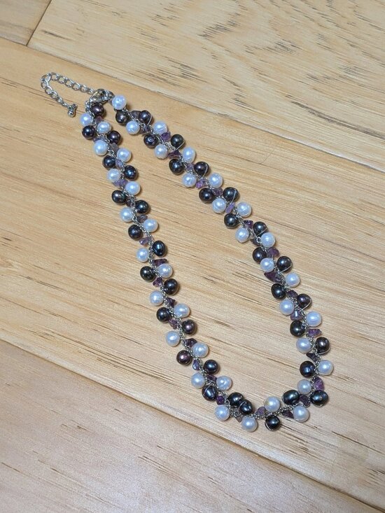 Amethyst & Pearls — a timeless blend of luminous freshwater  Pearl & Amethyst Chip Choker Necklace - White & Peacock Freshwater Pearls